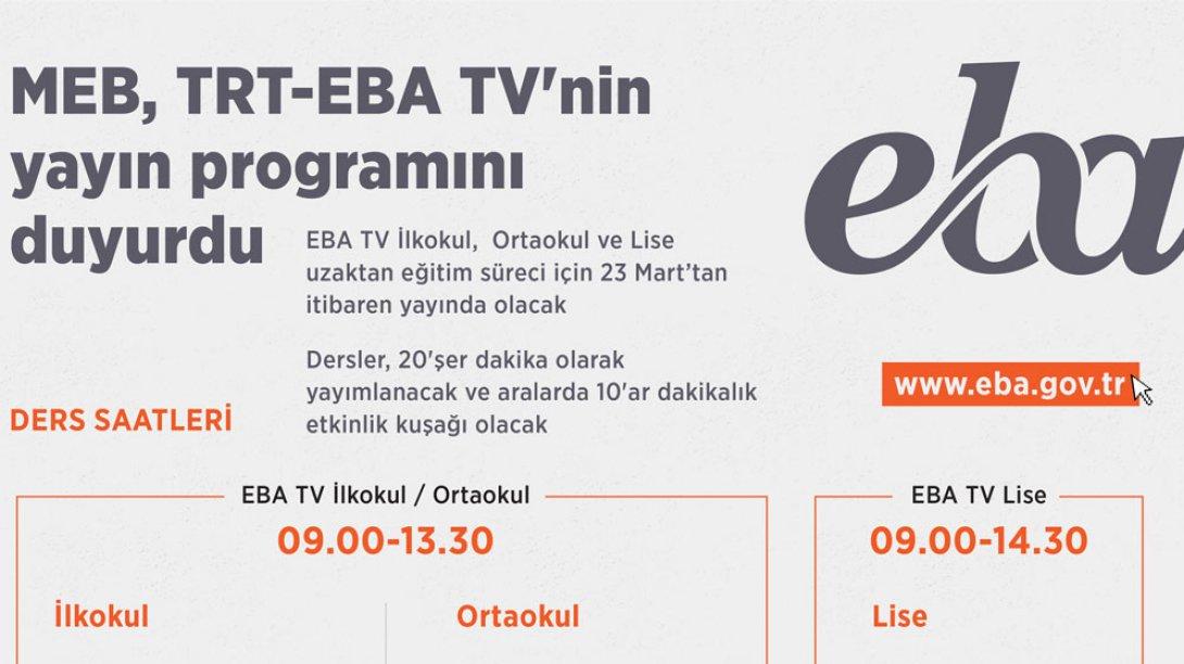 Milli Eğitim Bakanlığı TRT-EBA TV'nin Yayın Programını Duyurdu